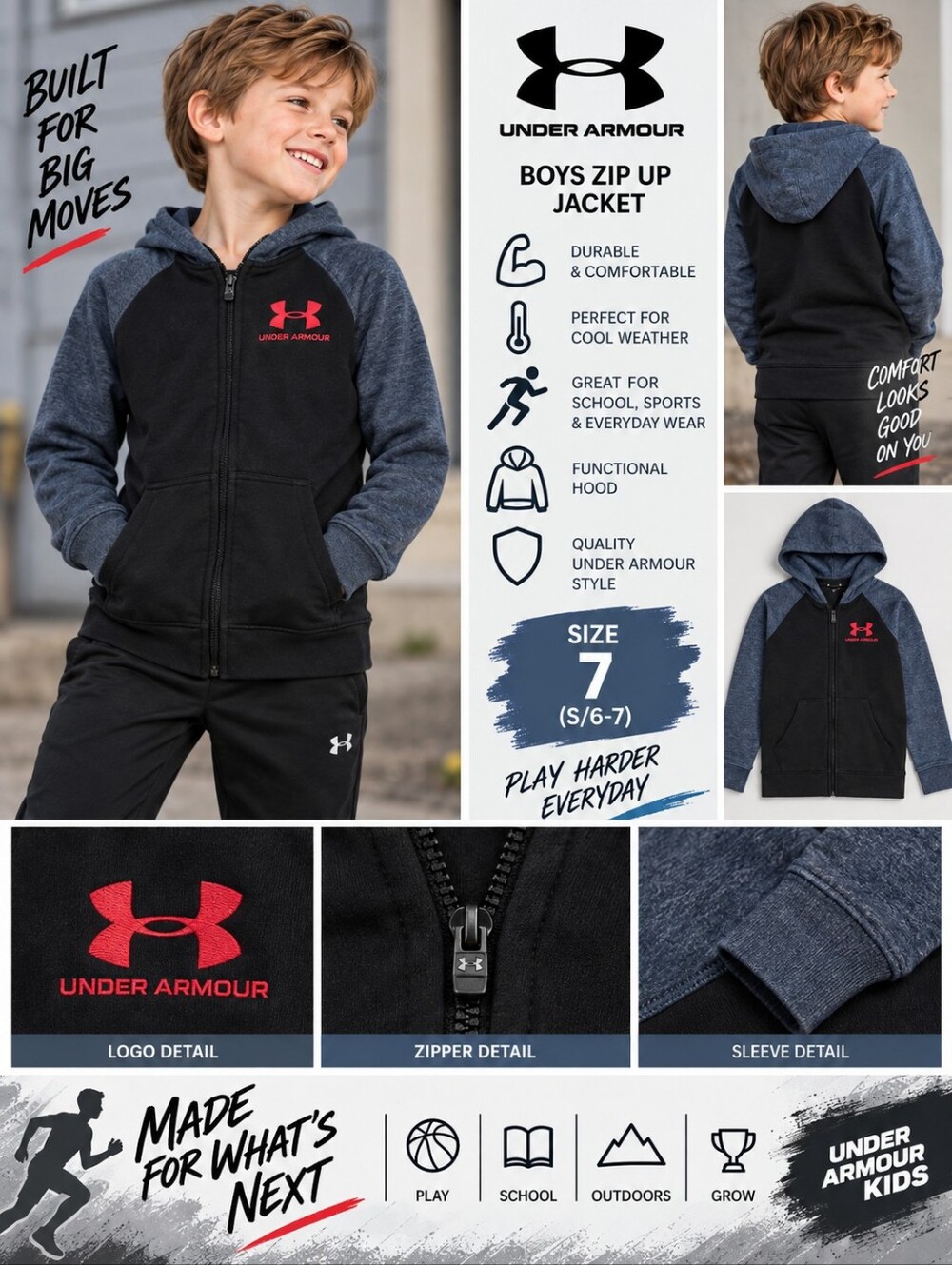 Under Armour Boys size 7 black blue zip up jacket #29